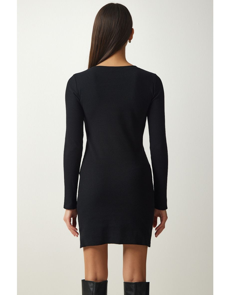 Women's Black Mini Slit Ribbed Knitted Dress - 5