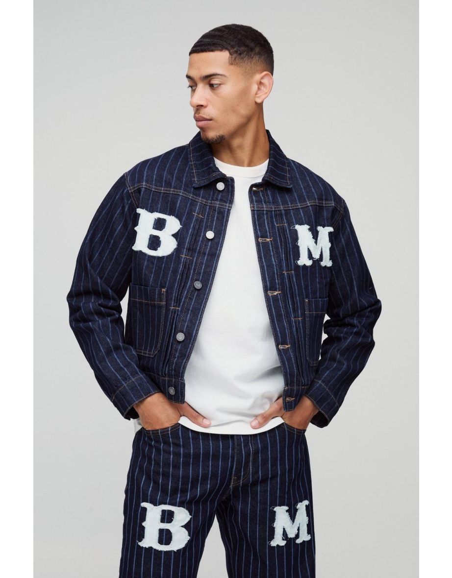 Relaxed Pinstripe Denim Applique Harrington Jacket - dark blue