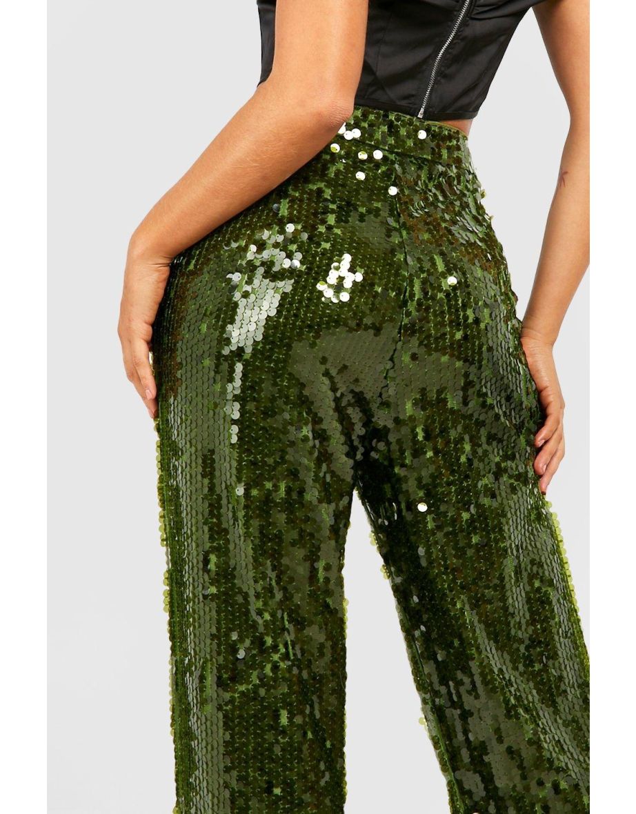 Sheer Sequin High Waisted Wide Leg Trousers - green - 3