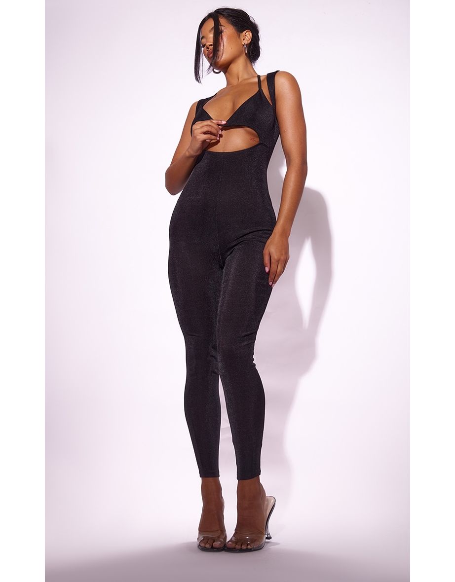 Black Acetate Slinky Bralette Strappy Jumpsuit