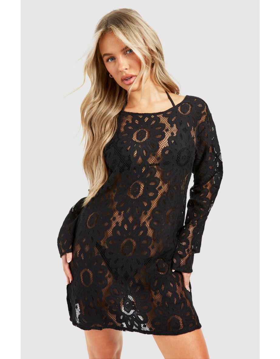 Crochet Open Back Beach Mini Dress - black
