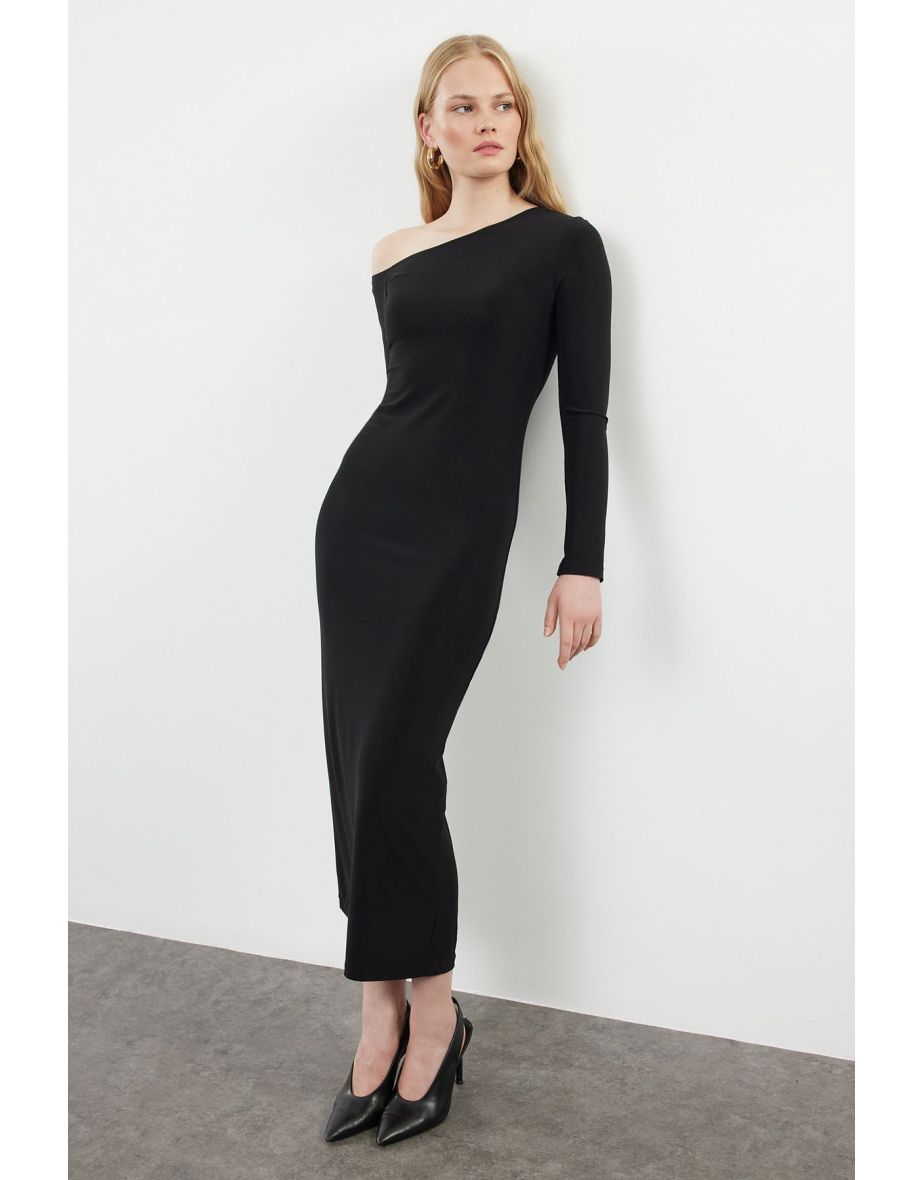 Black Plain Asymmetrical Collar Detailed Fitted Flexible Maxi Knitted Dress