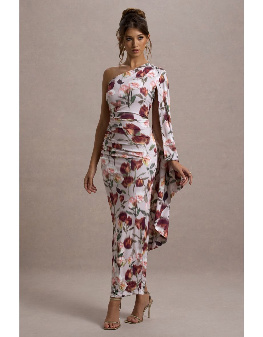 Clementina | Cream Floral Print Asymmetric Cape Sleeve Maxi Dress - 12