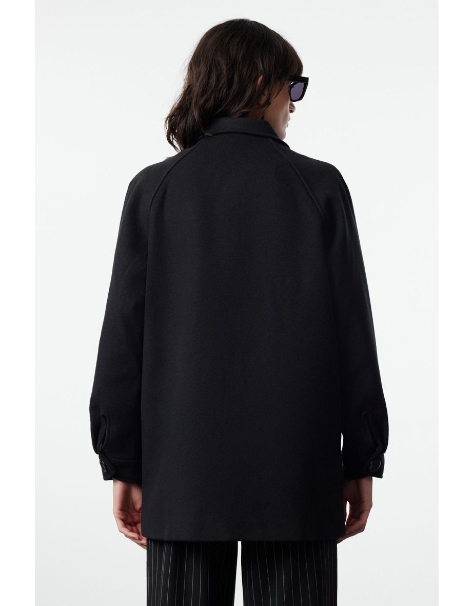 Black Oversize Stamp Shacket Slim Jacket Coat - 4