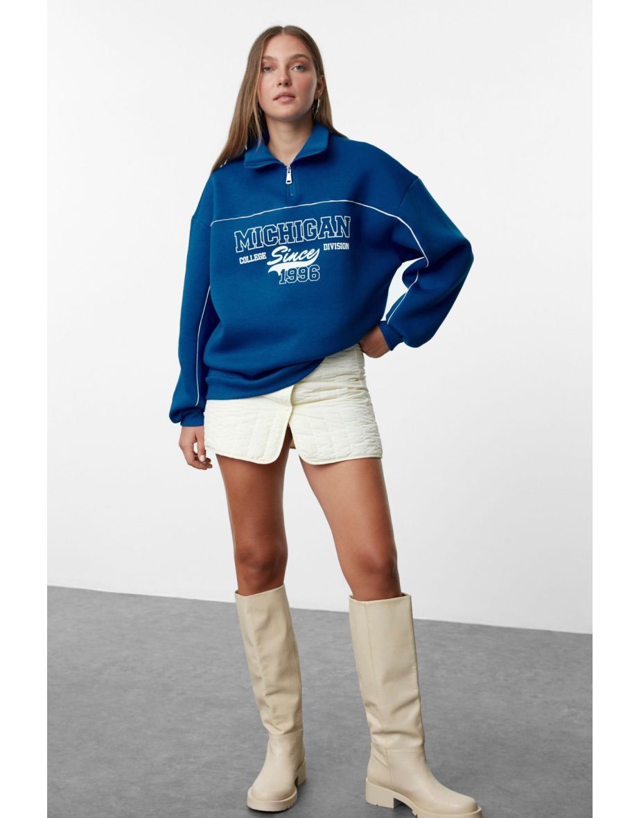 Saks Zipper Printed Oversize Thick Fleece Inside Knitted Sweatshirt