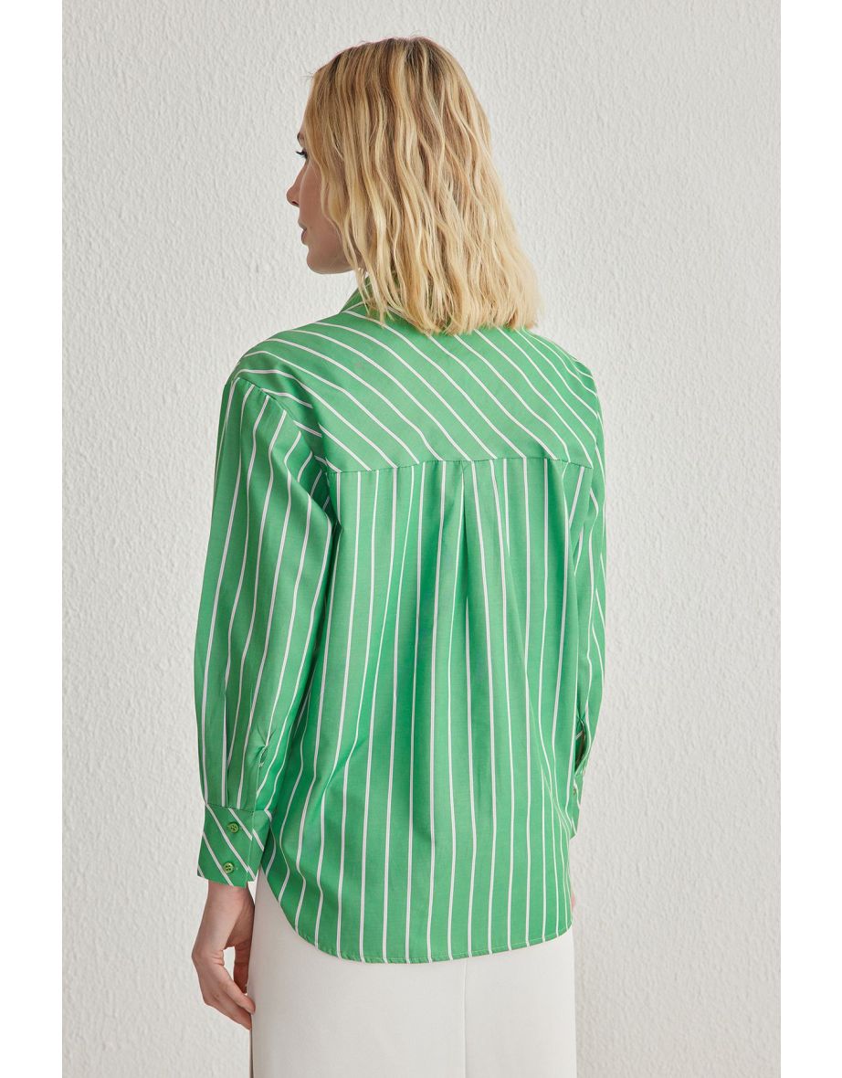 Bralette Detail in Green Striped Oversize Wide Pattern Woven Shirt - 4