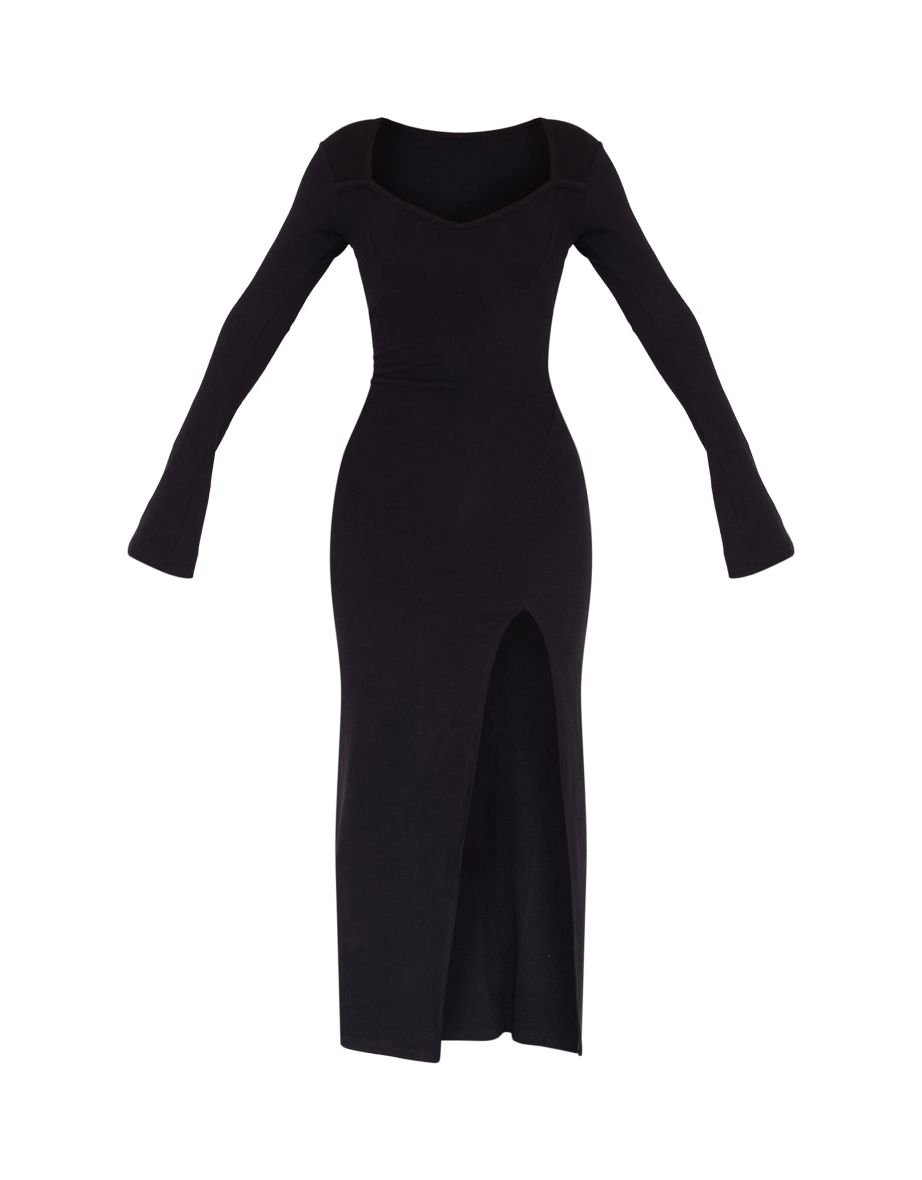 Black Rib Seam Detail Flared Sleeve Maxi Dress - 4