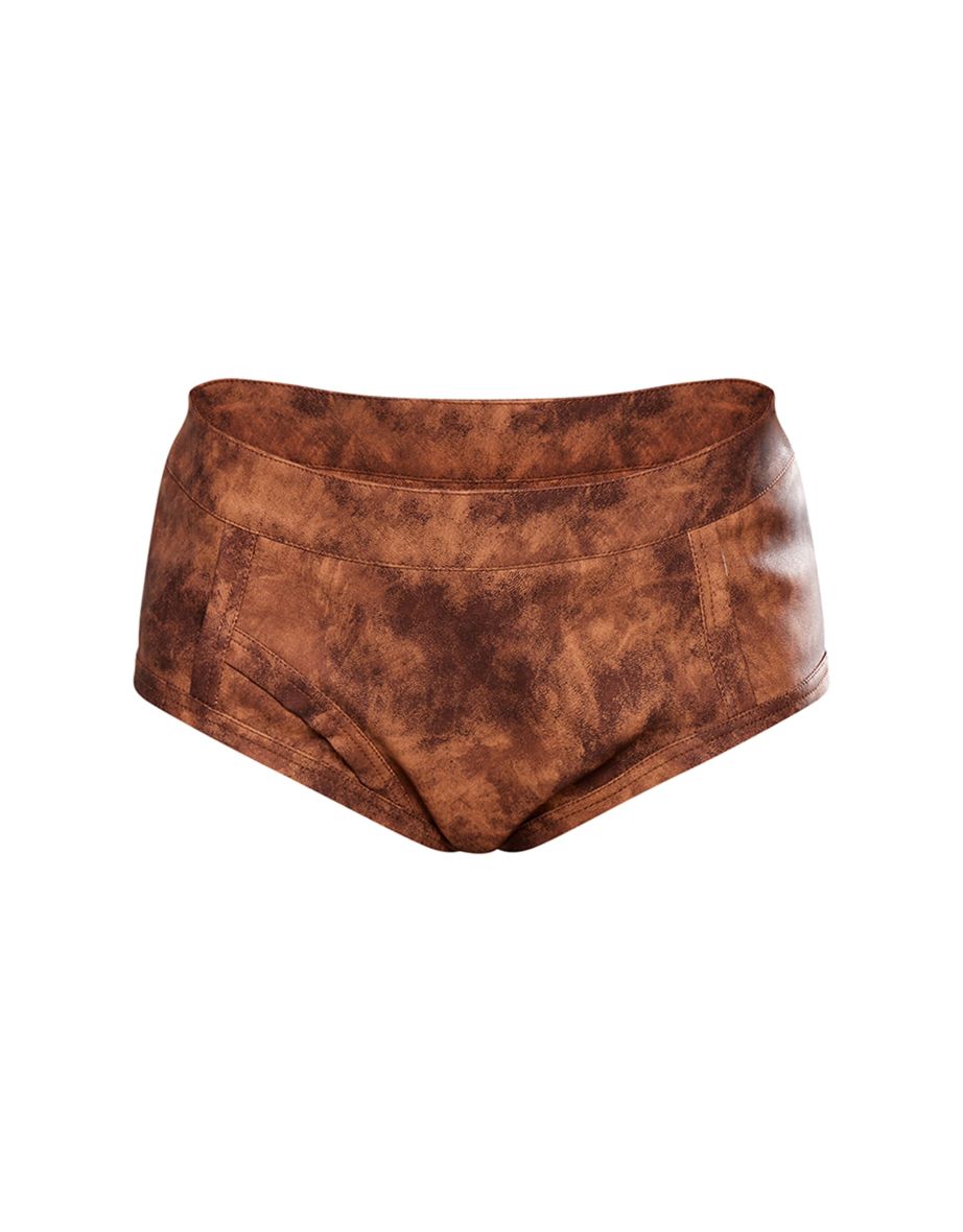Brown Washed Faux Leather Micro Hot Pants - 5