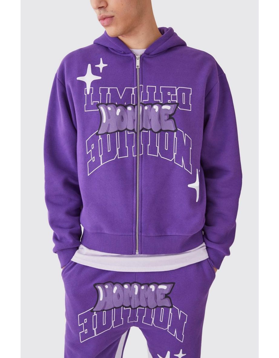 Oversized Boxy Zip Through Puff Print Hoodie