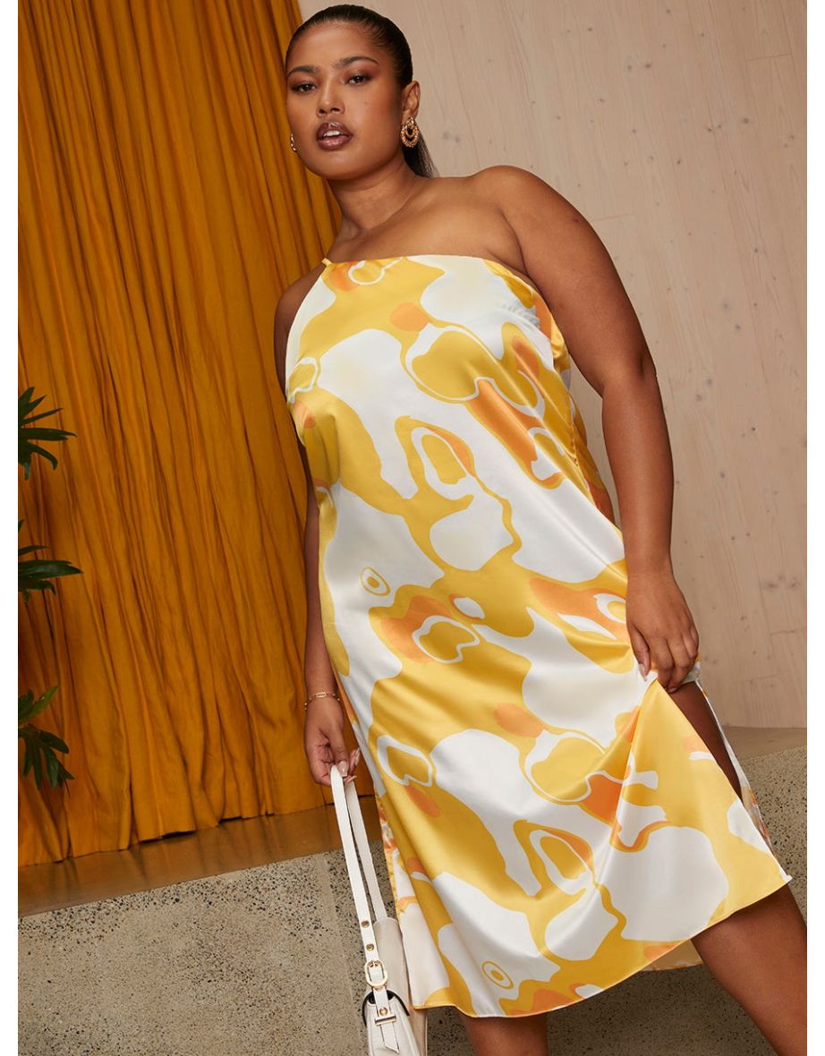 Plus Size One-Shoulder Abstract Print Midi Dress in Yellow - 3