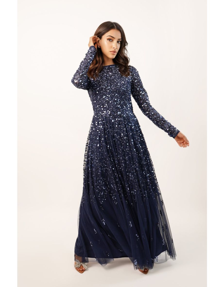 Shop Sila Long Sleeve Embellished Maxi Dress in Dark Blue Online in Bahrain VogaCloset