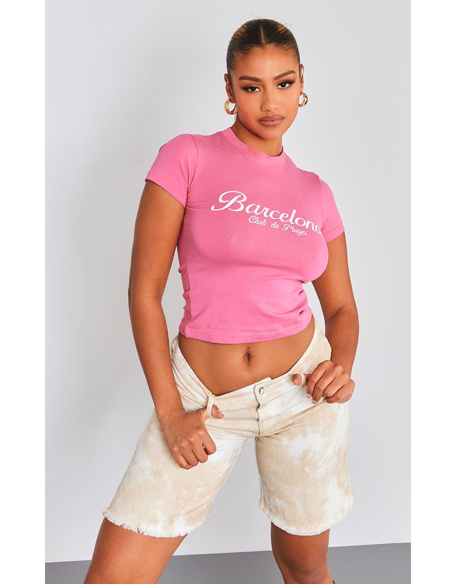 Pink Barcelona Printed Fitted Long T Shirt