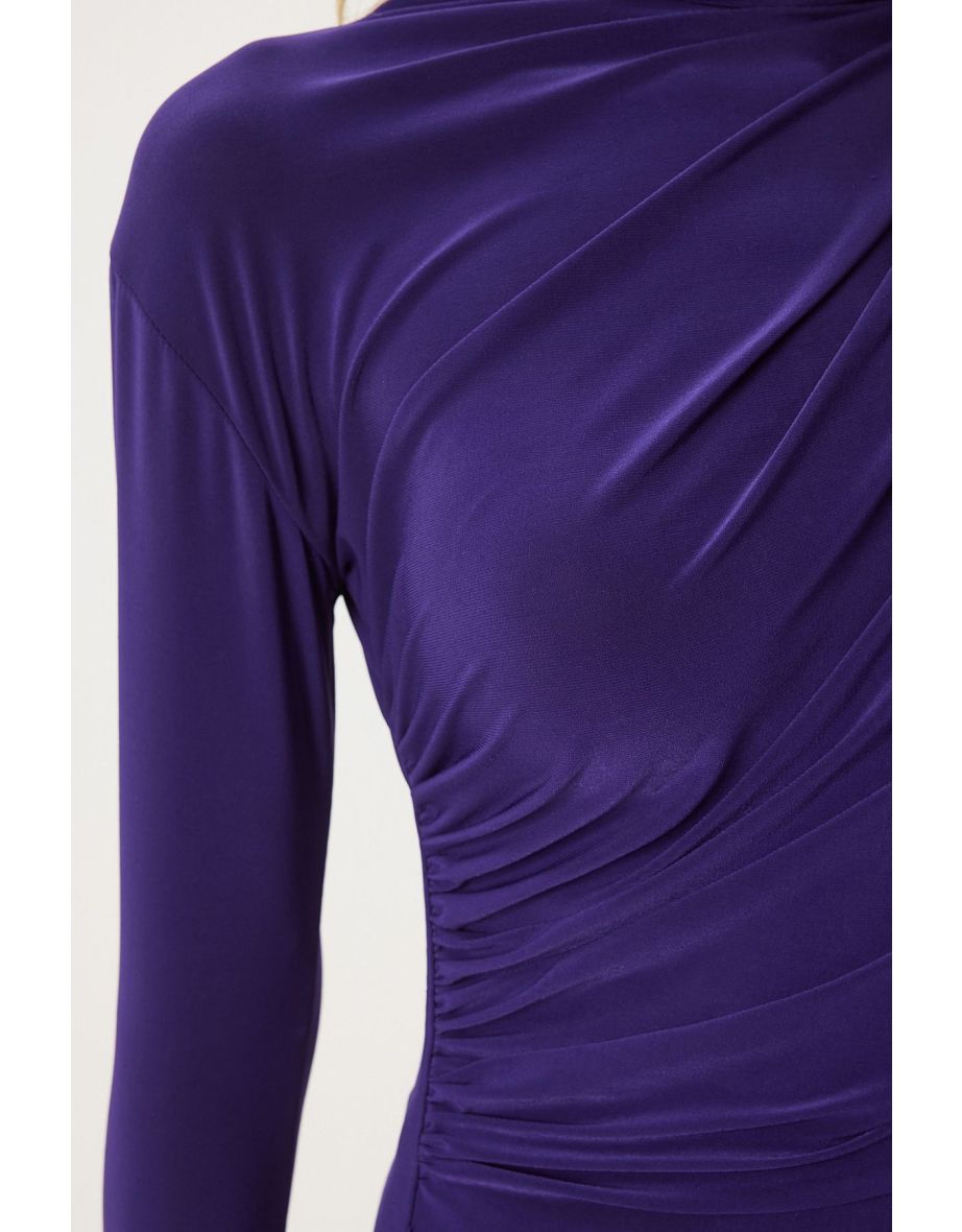 Women's Purple Shirred Detail Standing Collar Sandy Blouse - 5