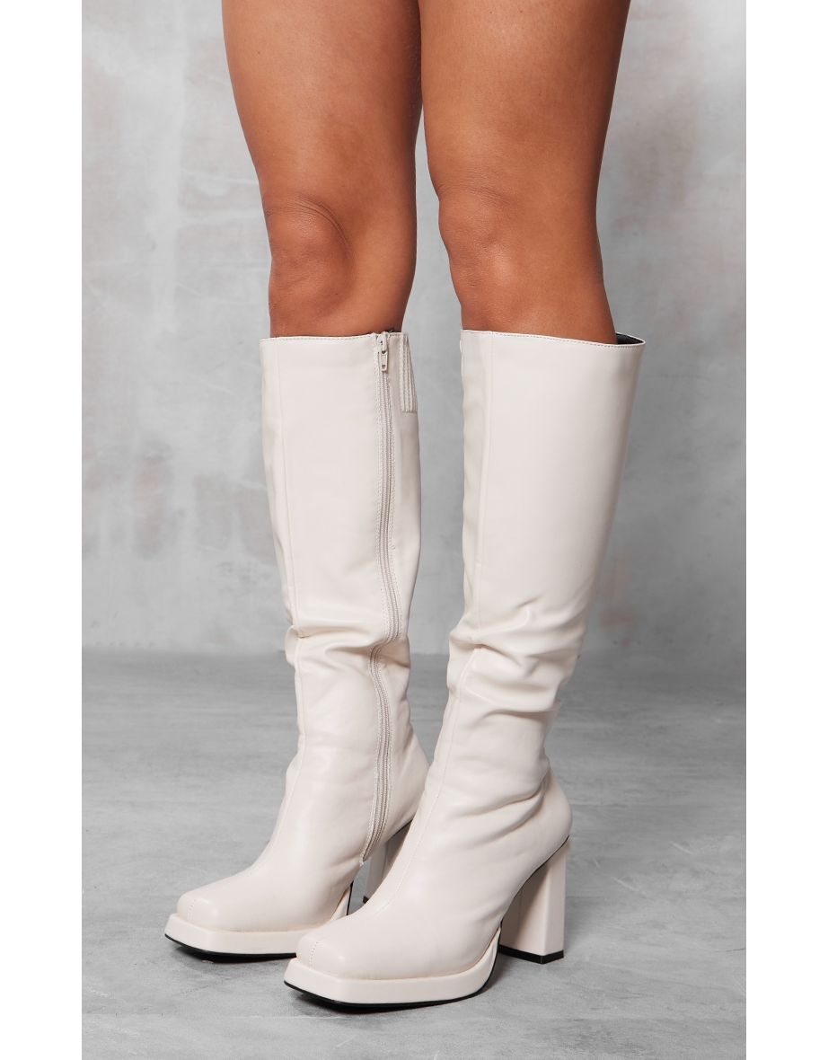 Cream Slight Platform Block Heel Square Toe Knee Boots - 3