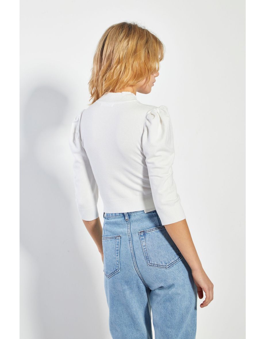 Glamorous White High Neck Puff Shoulder Top - 3