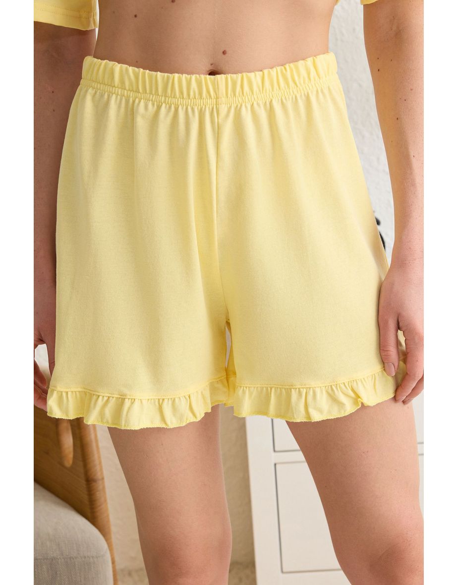 Yellow Plain Ruffle Jersey Knitted Pajama Set - 4
