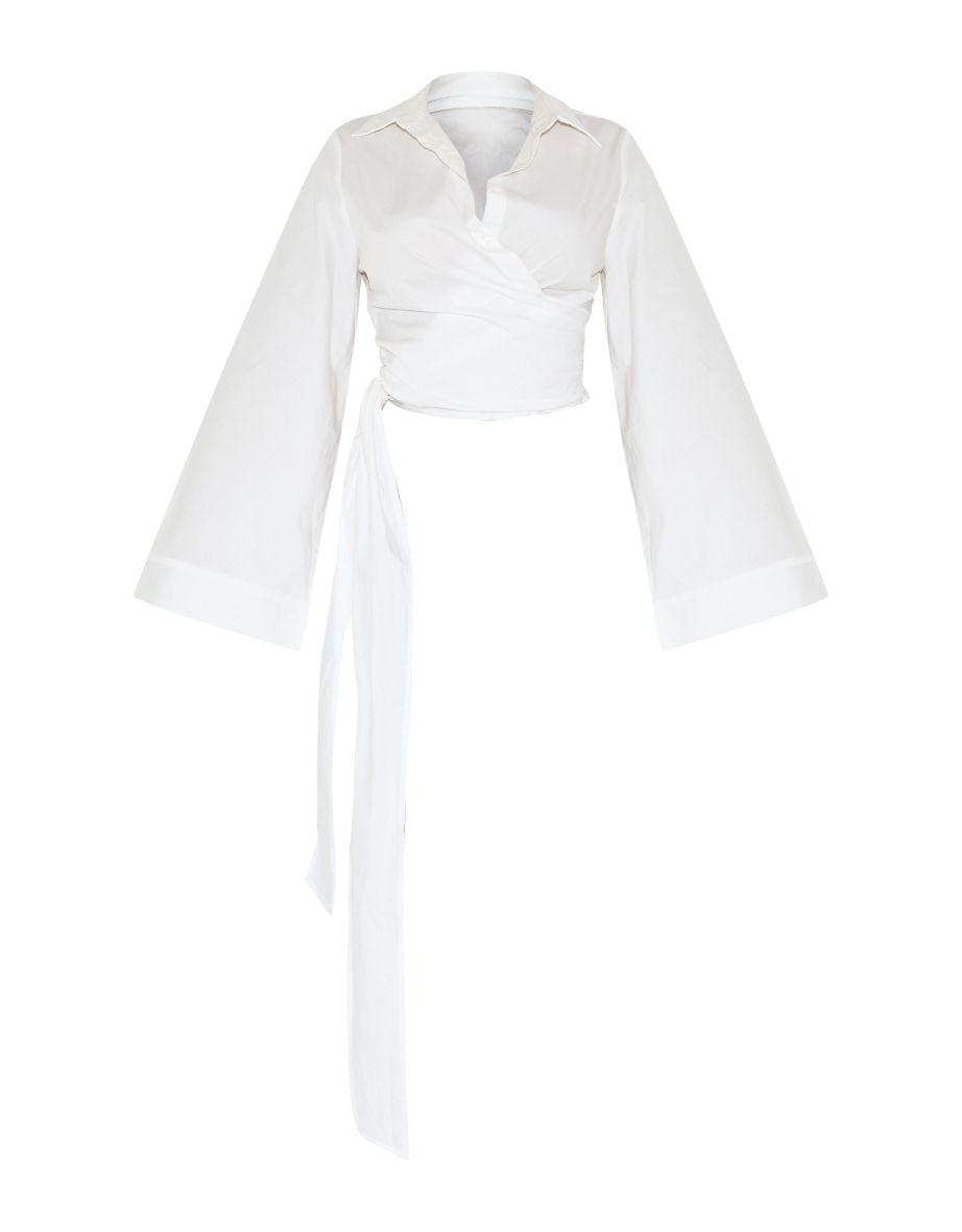 Shape White Wrap Tie Waist Wide Sleeve Shirt - 4