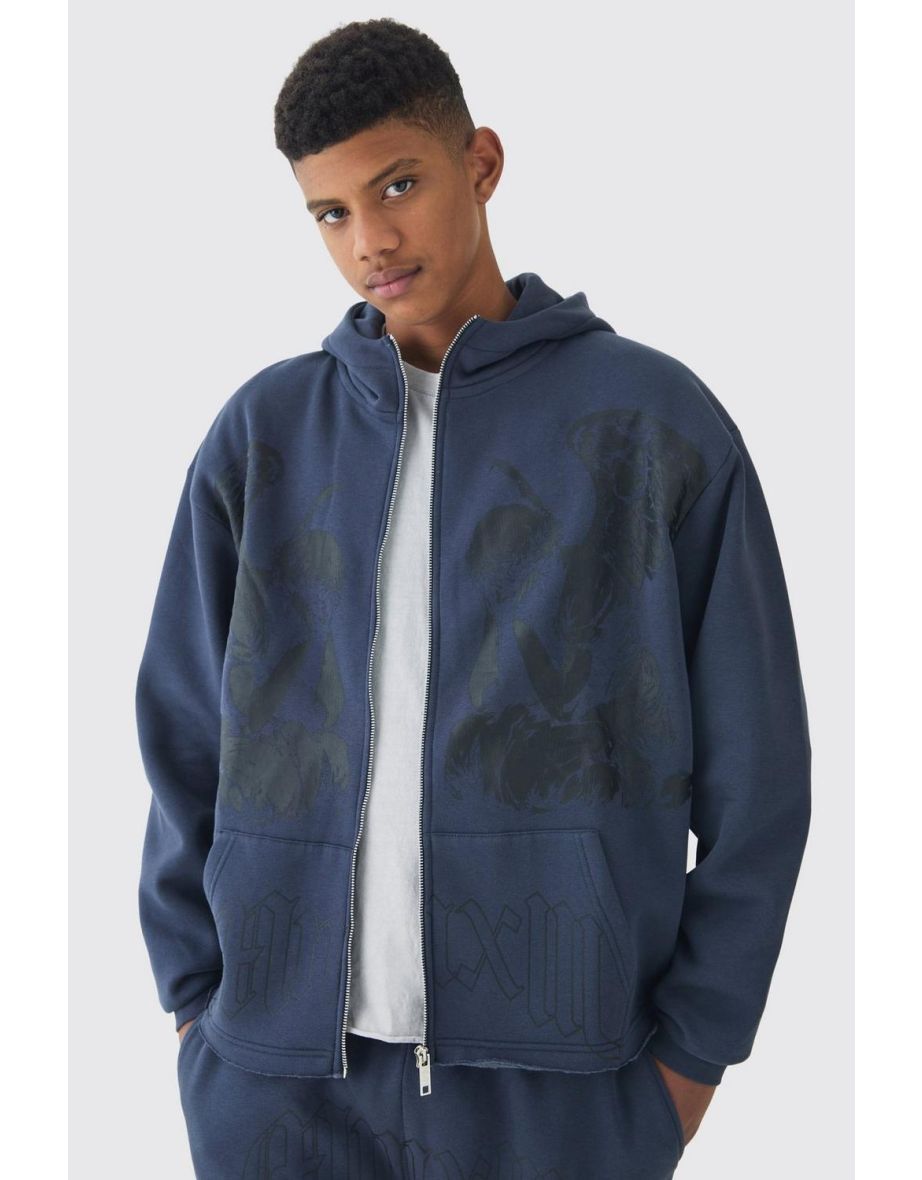Tall Oversized Boxy Zip Thru Cherub Print Hoodie - blue