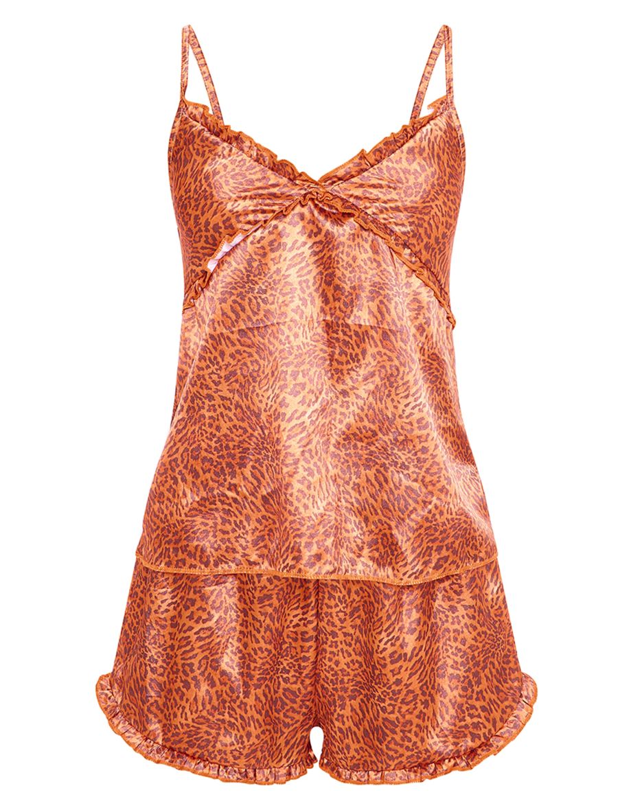 Brown Leopard Print Frill Satin Cami Short PJ Set - 4