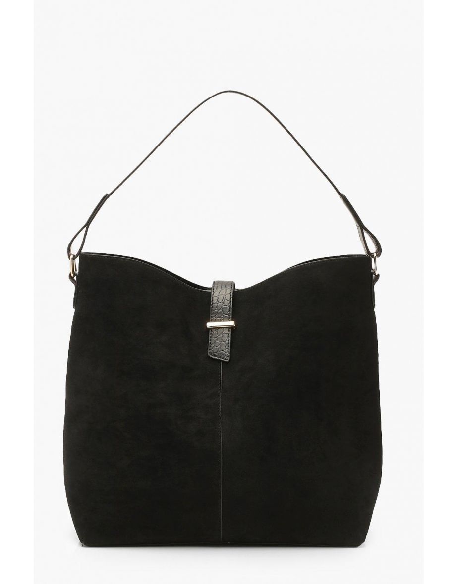Croc Handle Suedette Structured Tote Day Bag - black