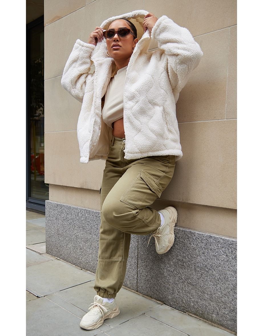 Plus Cream Borg Quilted Shacket