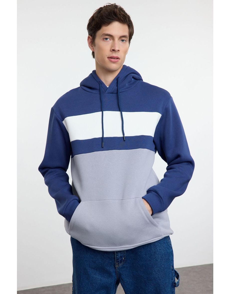 Navy Blue Regular/Normal Cut Color Block Hooded Fleece Inside Sweatshirt