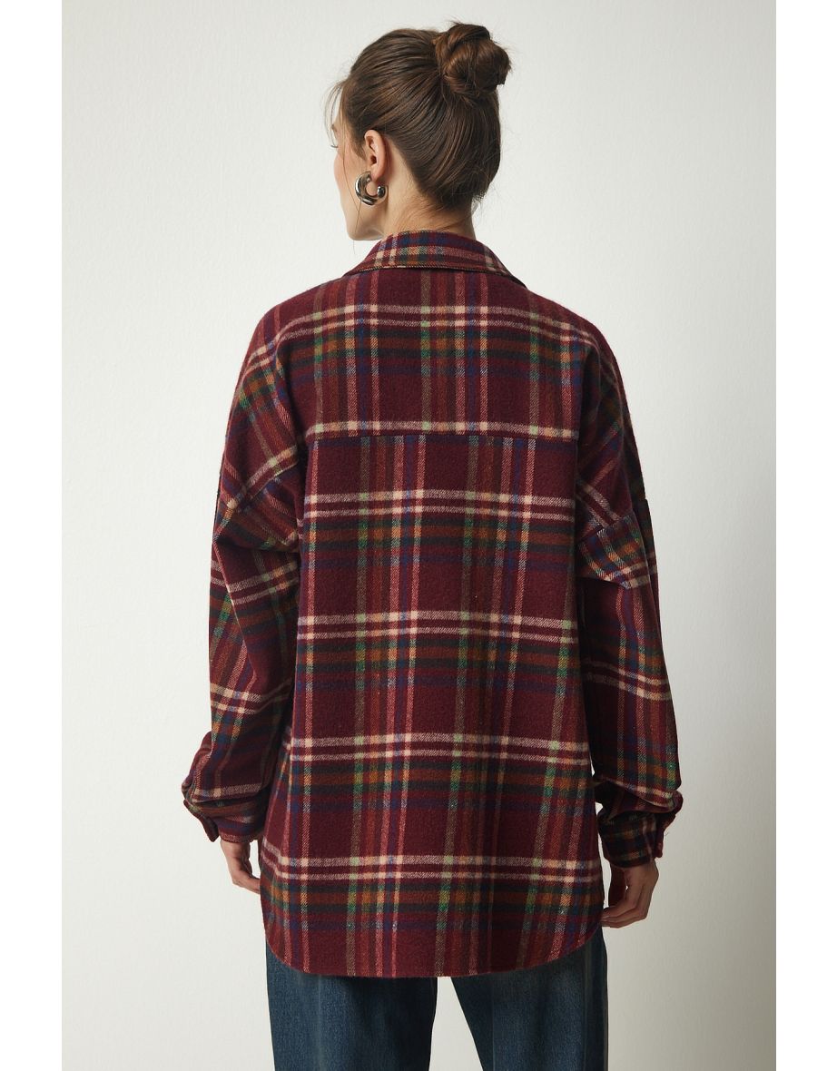 Women's Burgundy Patterned Oversize Cachet Lumberjack Shirt - 4
