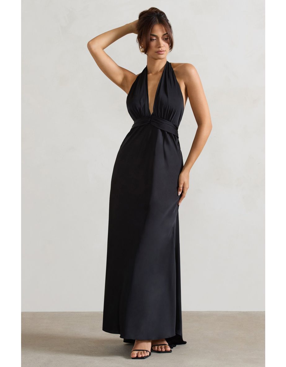 Carolyn | Black Satin Plunge Floor Dress With Dipped Hem