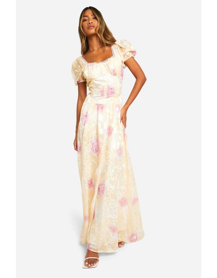 Floral Jacquard Puff Sleeve Milkmaid Maxi Dress - yellow