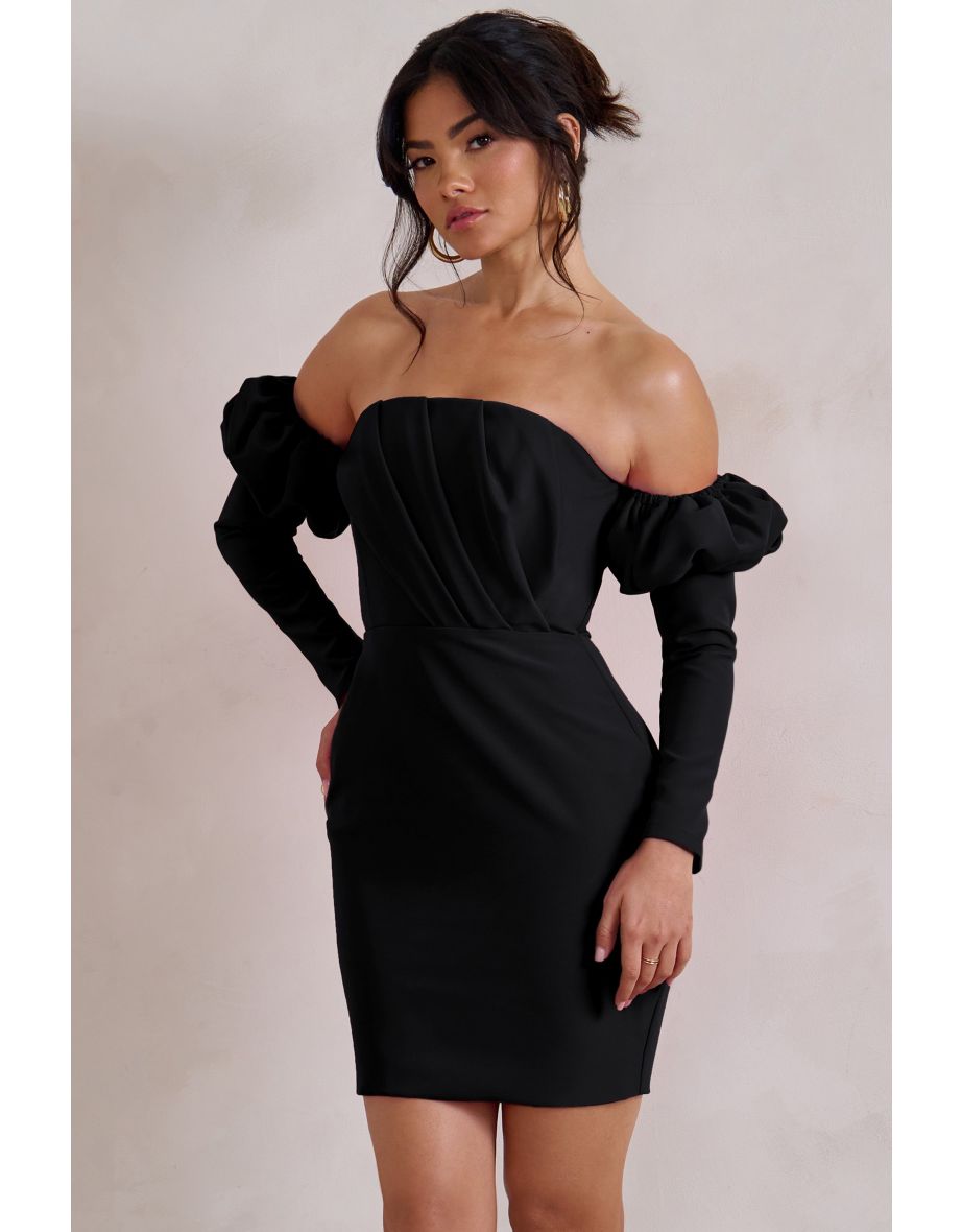 Laurie | Black Bardot Puff  Long Sleeve Mini Dress - 3