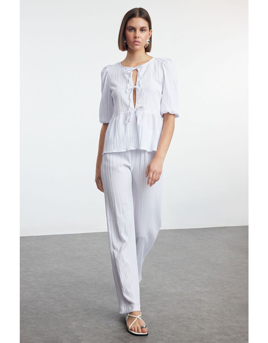 White Textured Fabric Tie Detailed Balloon Sleeve Woven Bottom-Top Set