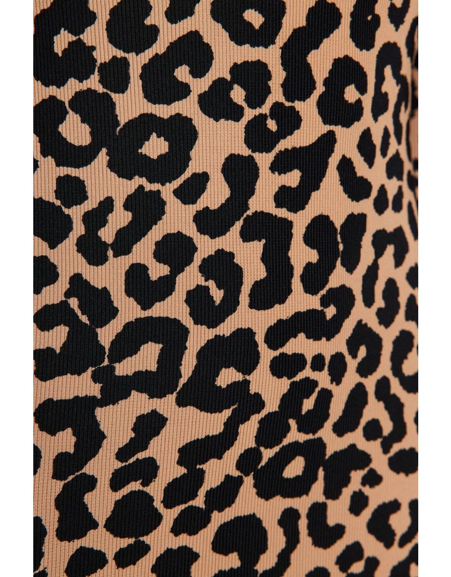 Camel Leopard Patterned Ottoman Fitted High Collar Long Sleeve Flexible Knitted Dress - 7