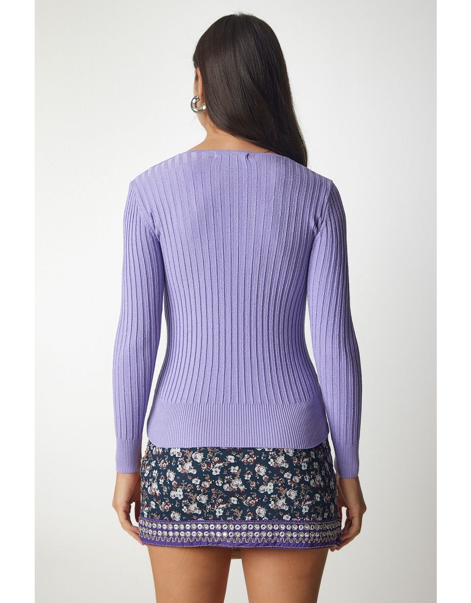 Knitted V-Neck Purple Blouse - 5