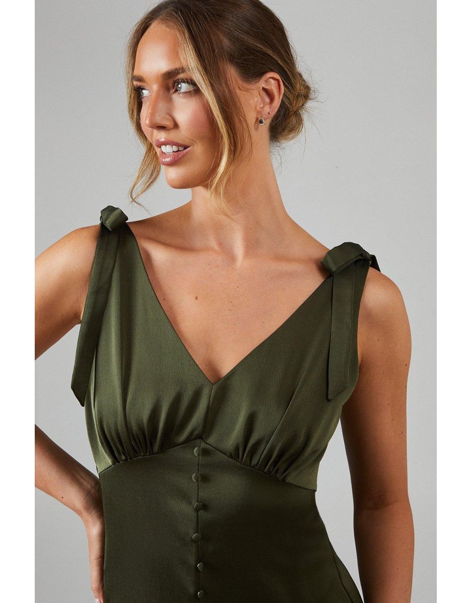 Satin Button Front Tie Shoulder Midaxi Bridesmaids Dress - 3