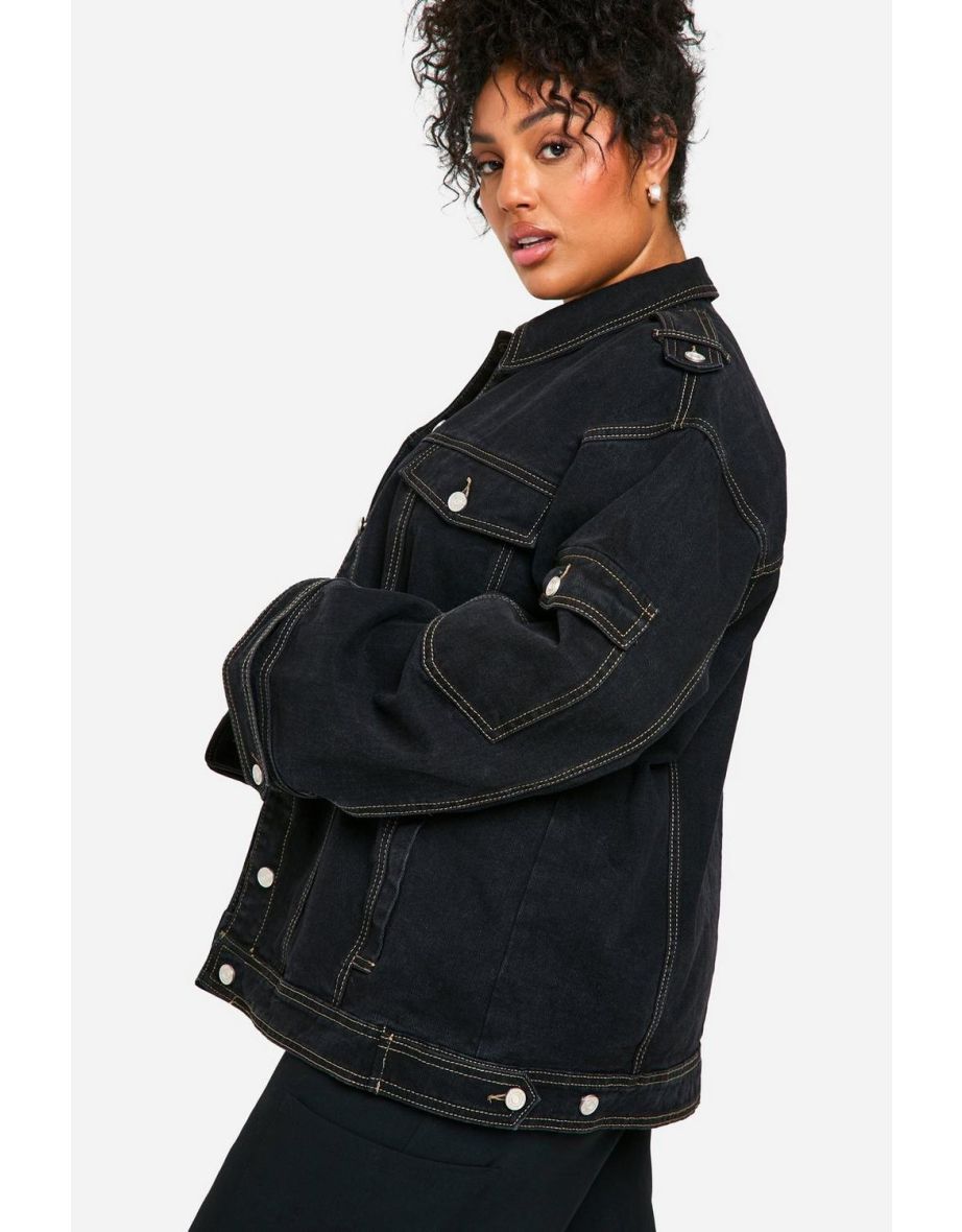 Plus Contrast Stitch Denim Jacket - black - 3