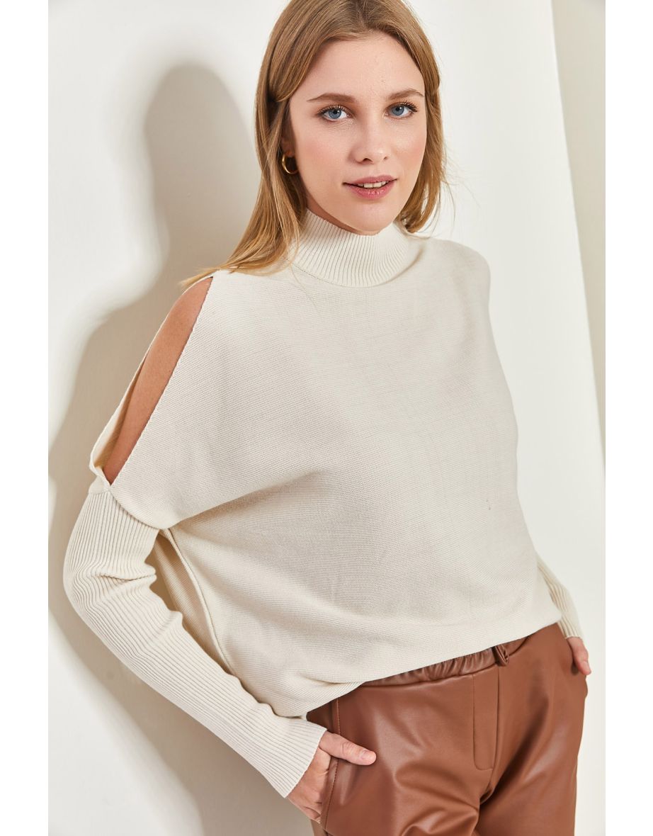 Women's Half Turtleneck Open-Shoulder Tricot Knitwear Sweater