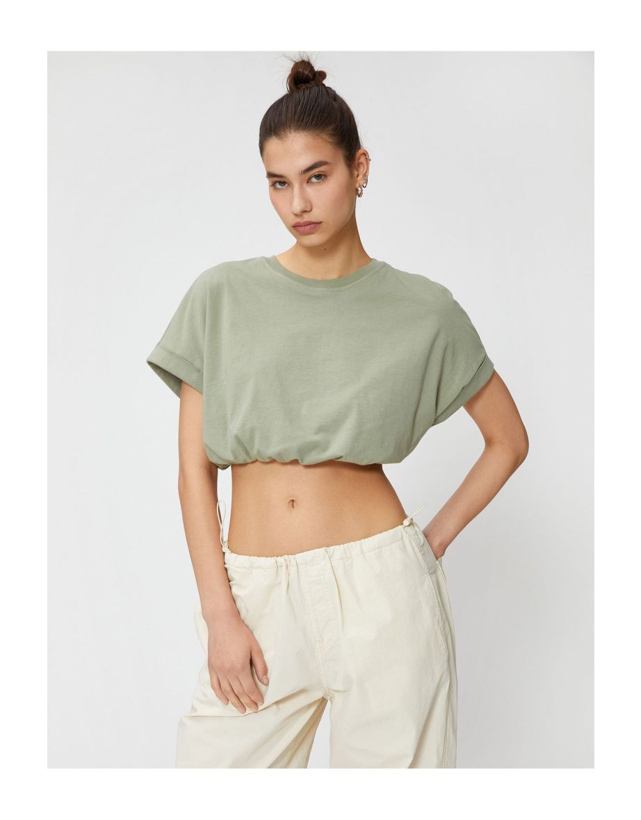 Crop T-Shirt Crew Neck Short Sleeve Elastic Waist