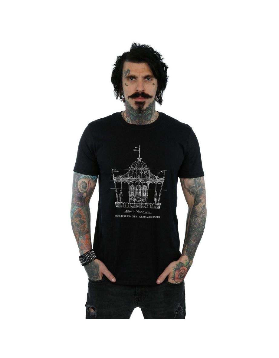 Disney Mens Mary Poppins Carousel Sketch T-Shirt - Black