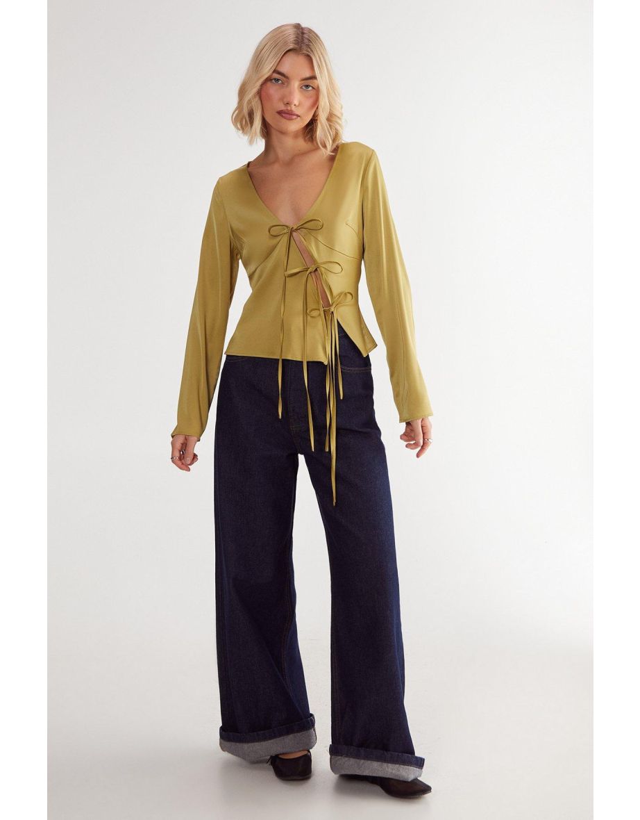Satin Asymmetric Tie Long Sleeve Top