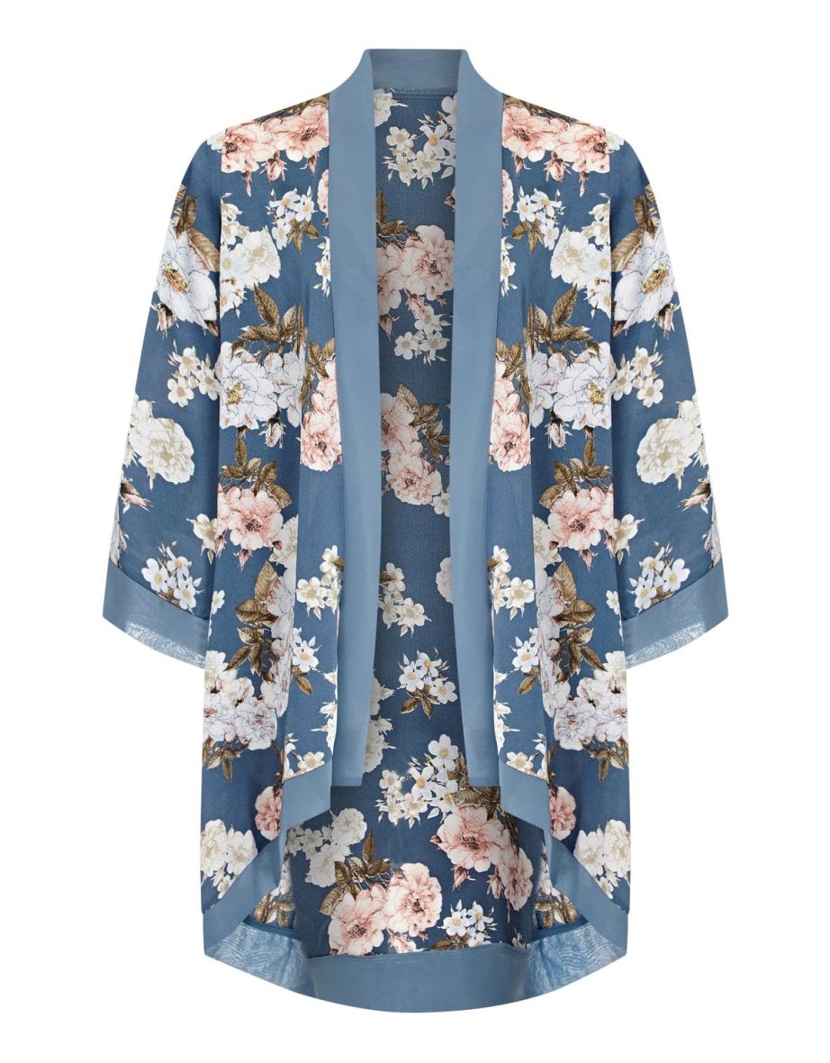 Mela Blue Curve Floral Print Satin Kimono