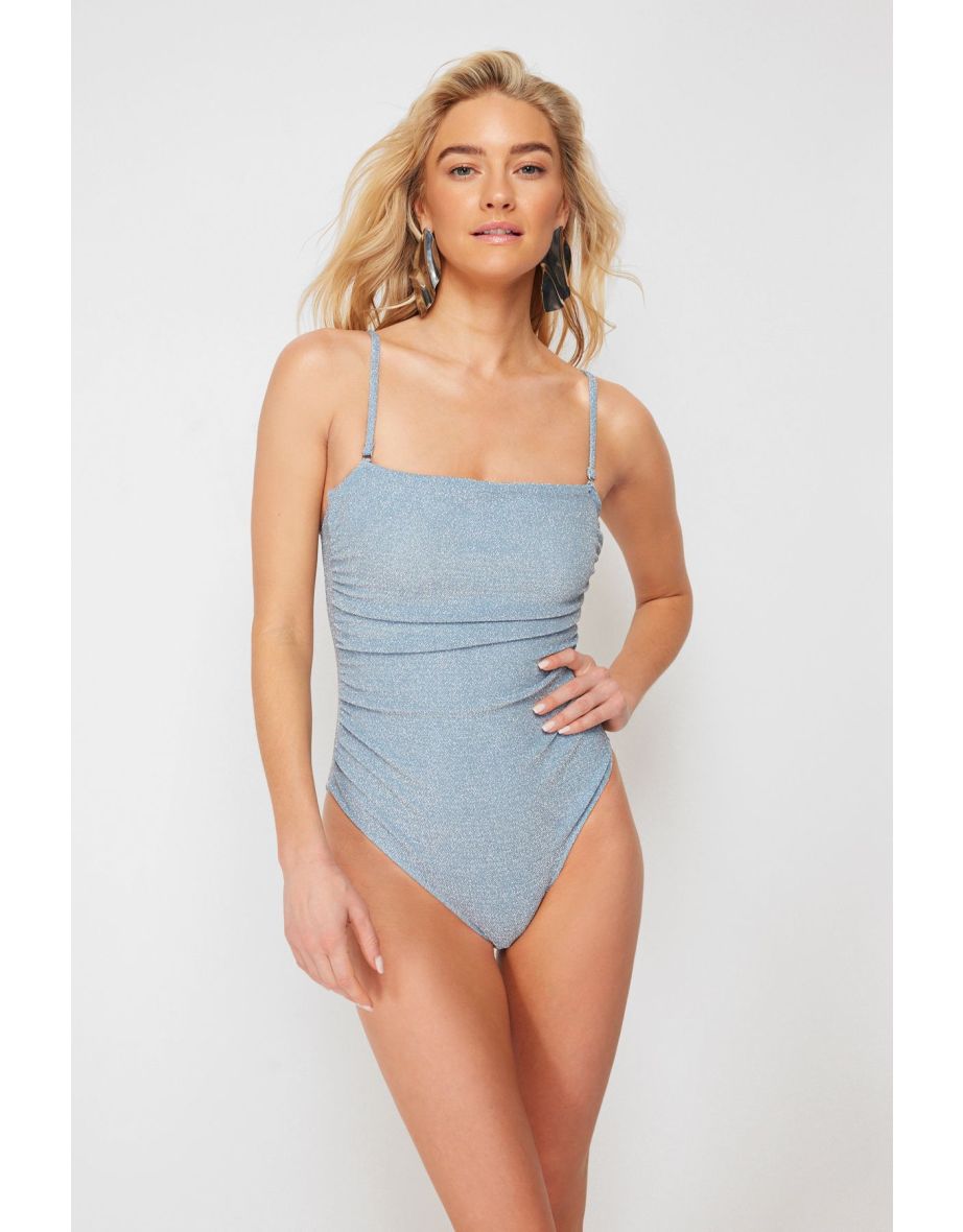 Blue Strapless Draped Silvery High Leg Swimsuit