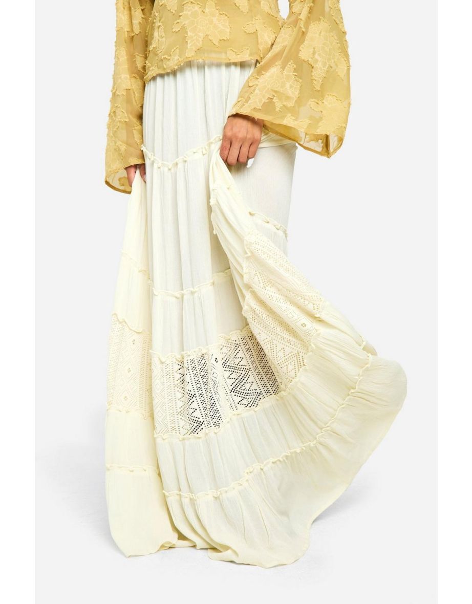 Lace Insert Floaty Folk Maxi Skirt - almond - 3