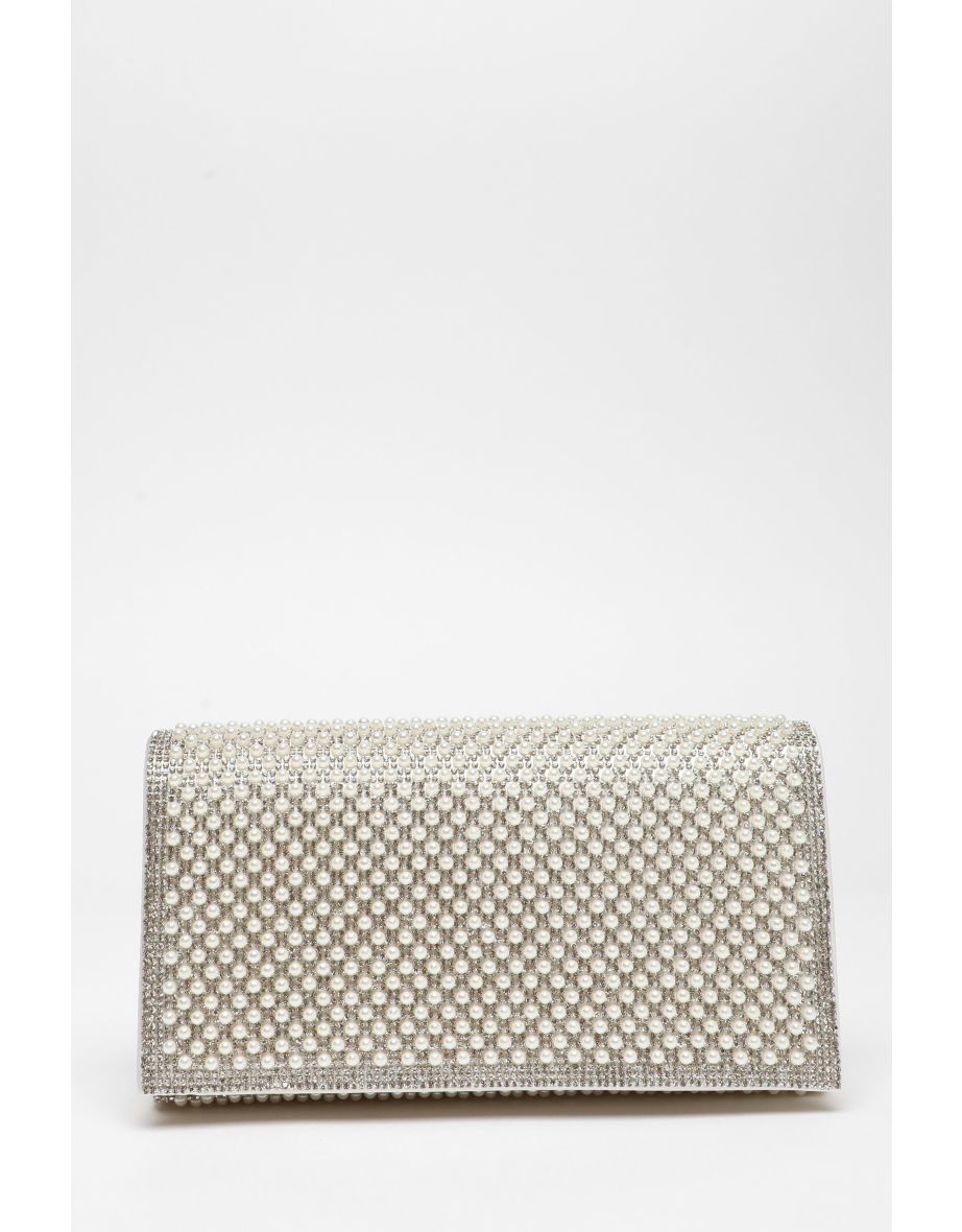 Bridal White Pearl Embellished Clutch Bag
