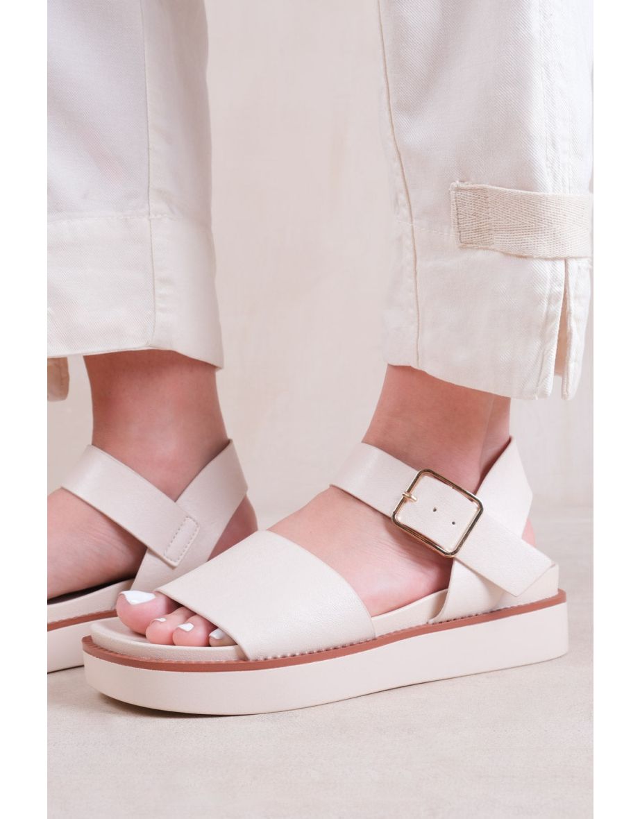PHOENIX EXTRA WIDE FIT CLASSIC FLAT SANDALS WITH STRAP AND BUCKLE DETAIL IN CREAM FAUX LEATHER - 2