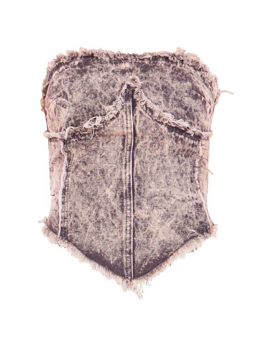 Washed Grey Frayed Dipped Hem Denim Bandeau Top - 4