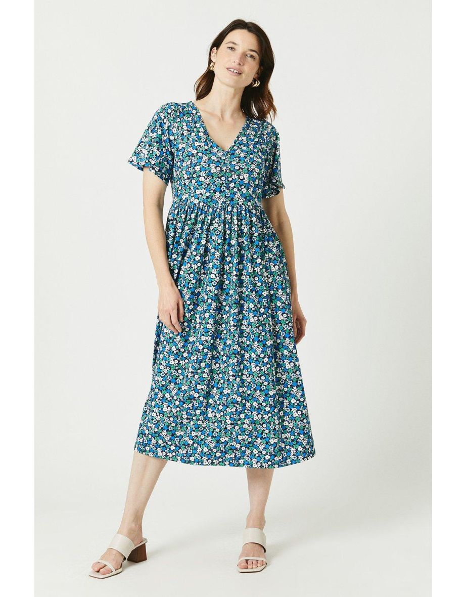 Ditsy Button Front Midi Dress - black