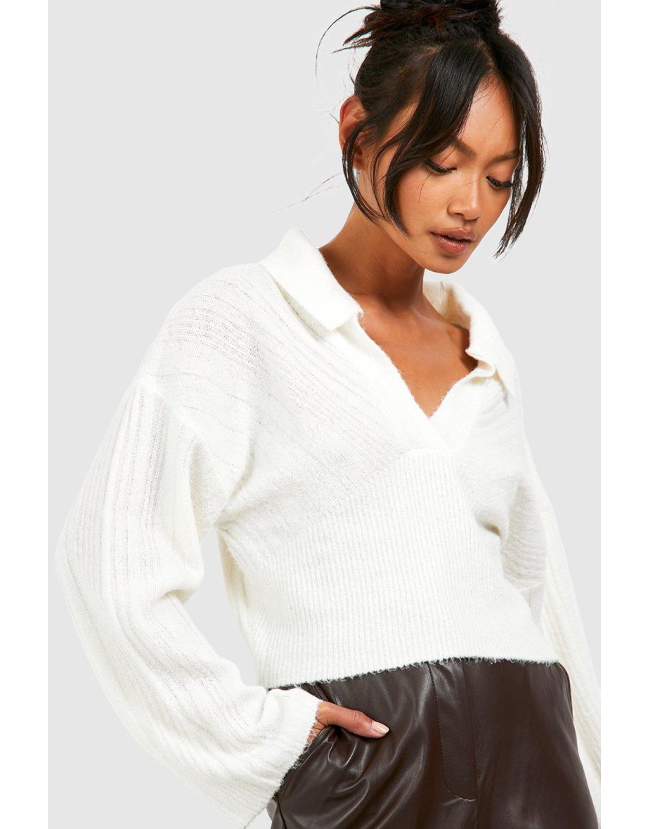 Mixed Soft Rib Knit Polo Collar Jumper - ecru