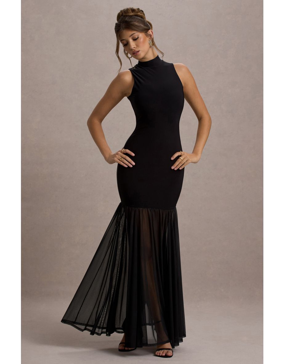 Shae | Black High-Neck Maxi Dress With Sheer Skirt