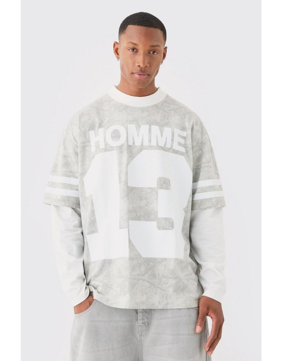 Oversized Camo Homme Print Layered T-shirt - stone