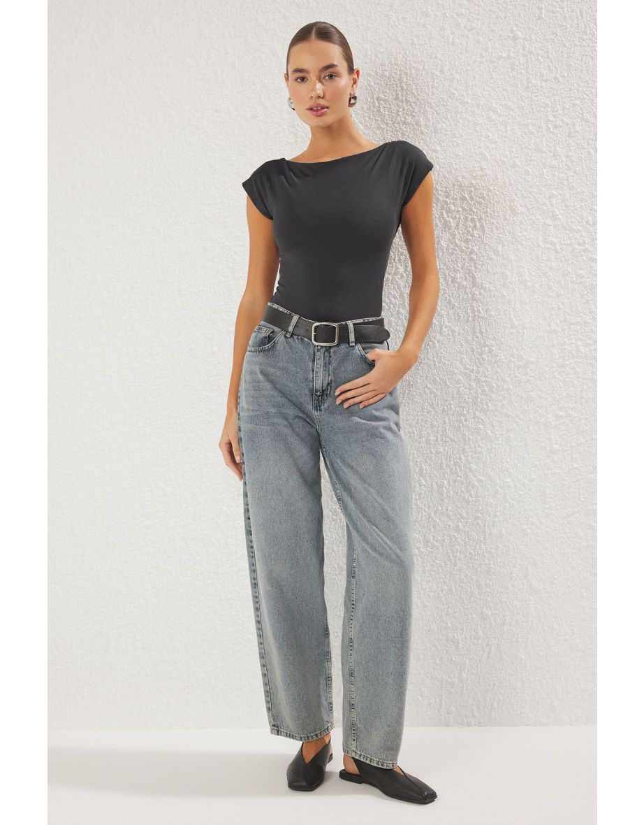 Anthracite Fitted/Fits the Body Boat Neck Flexible Snap Knit Bodysuit